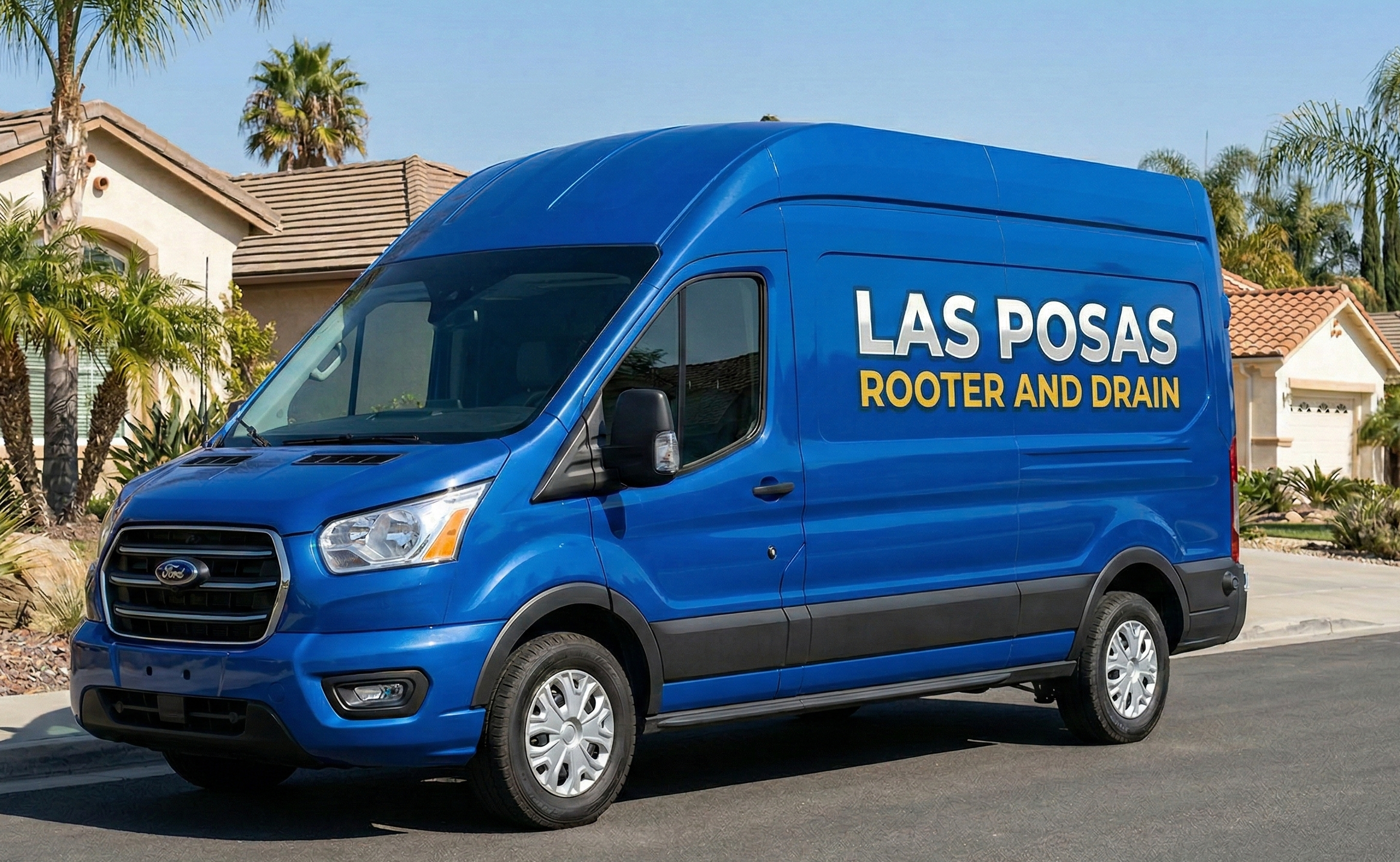 A blue Las Posas Rooter and Drain service van parked on a residential street in Camarillo, California, on a sunny day.