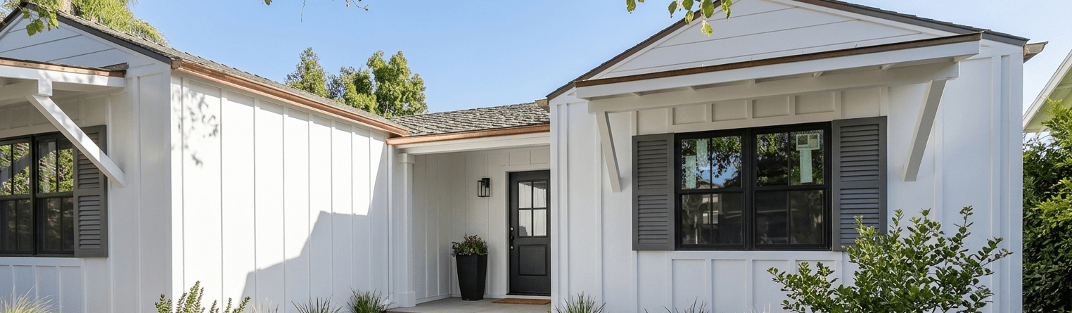 cUSTOM HOUSE EXTERIOR RENOVATION WITH CRISP WHITE BOARD AND BATTEN SIDING, BLACK WINDOWS FRAMES, AND CUSTOM DARK GRAY SHUTTERS IN sUMMERLAND, ca